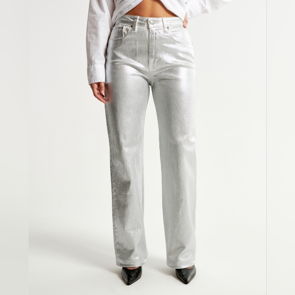Zara Metallic Silver Foil Jean Ultra High Waist Straight Wide A Blogger Fav!